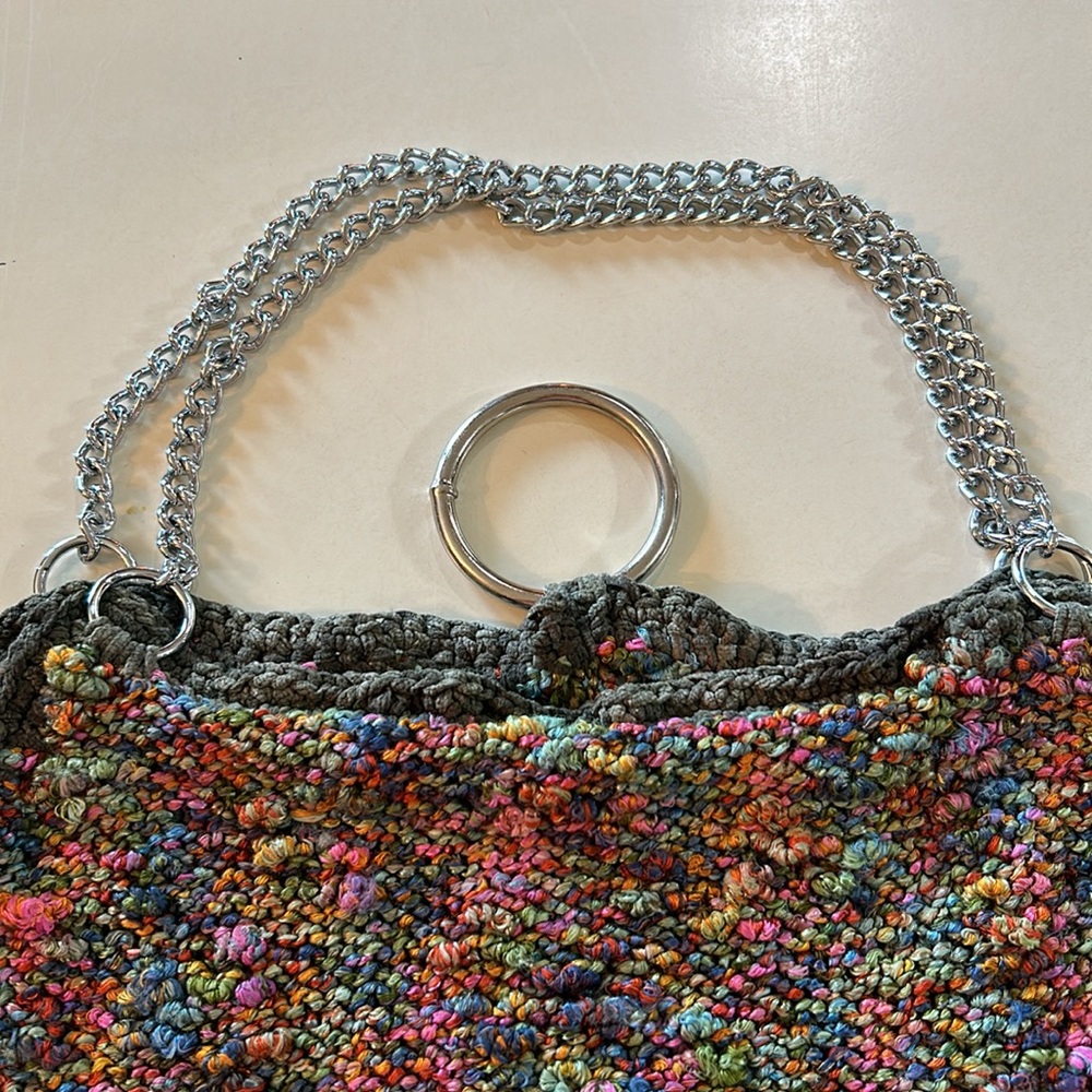 handmade knit Yarn 90s hobo handbag purse with silver chains unique - Picture 4 of 7